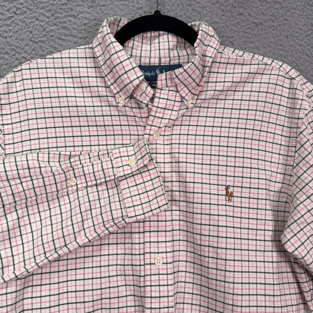 Ralph Lauren Shirt Mens M Pink Green Custom Fit Tattersall Check Button Preppy
